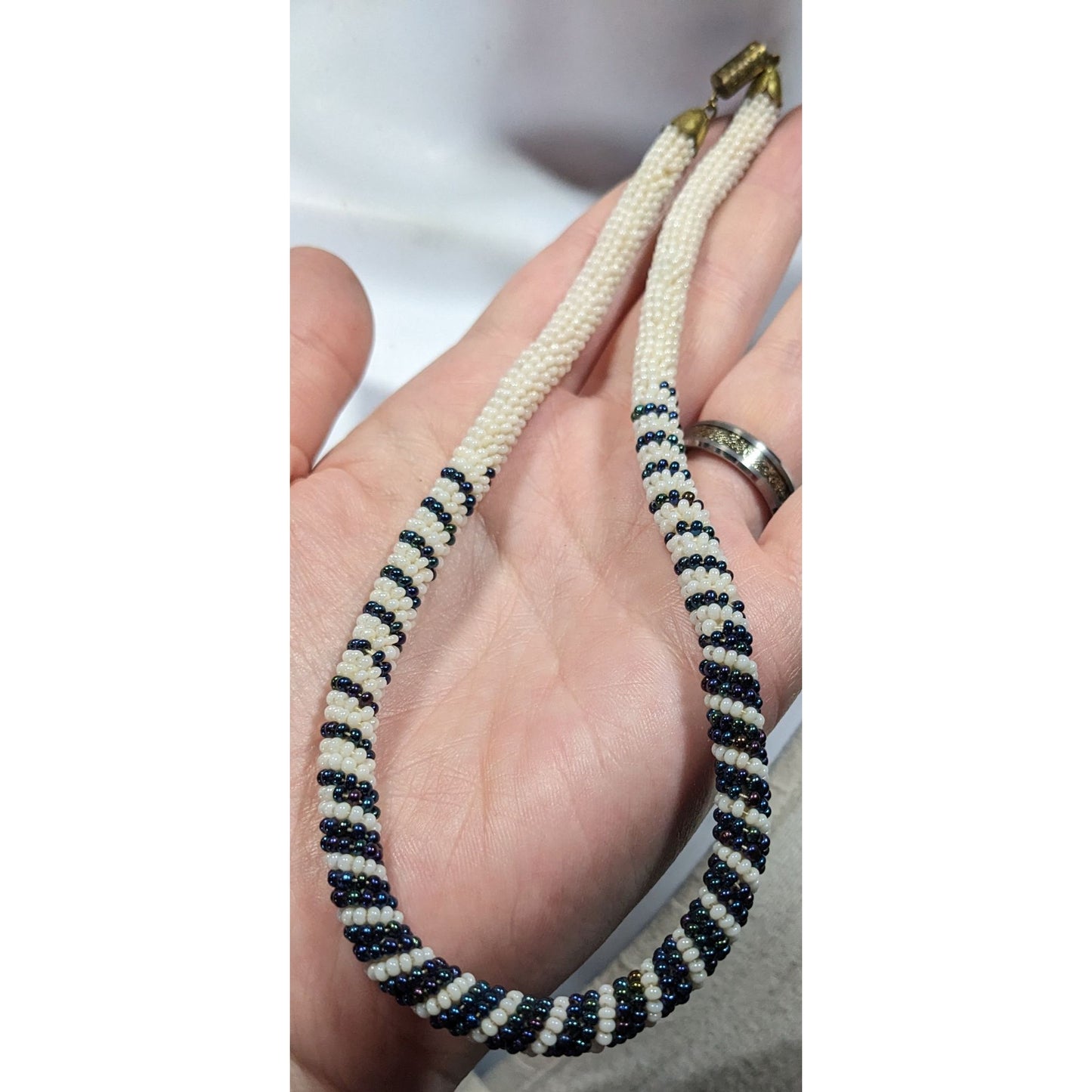 Vintage Handmade White And Blue/Black Beaded Rope Necklace