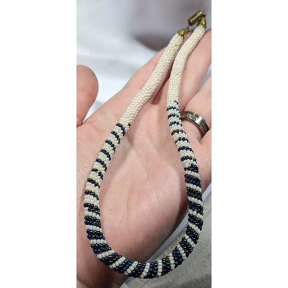 Vintage Handmade White And Blue/Black Beaded Rope Necklace