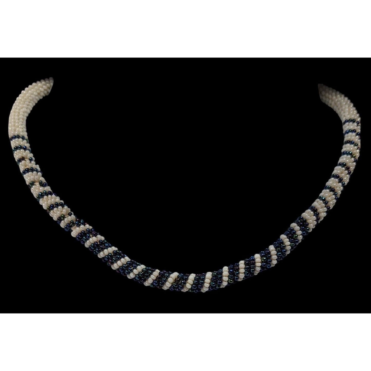 Vintage Handmade White And Blue/Black Beaded Rope Necklace