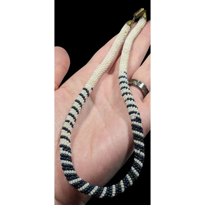 Vintage Handmade White And Blue/Black Beaded Rope Necklace