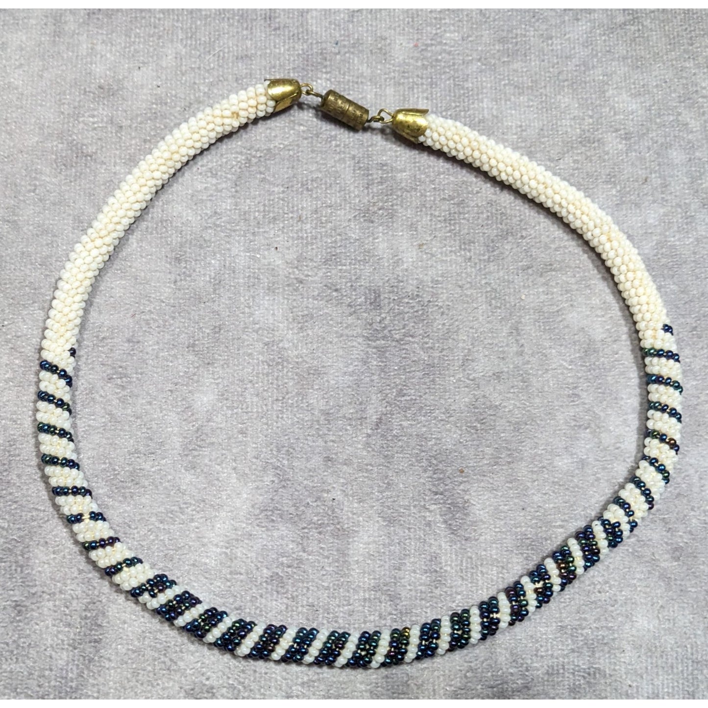 Vintage Handmade White And Blue/Black Beaded Rope Necklace