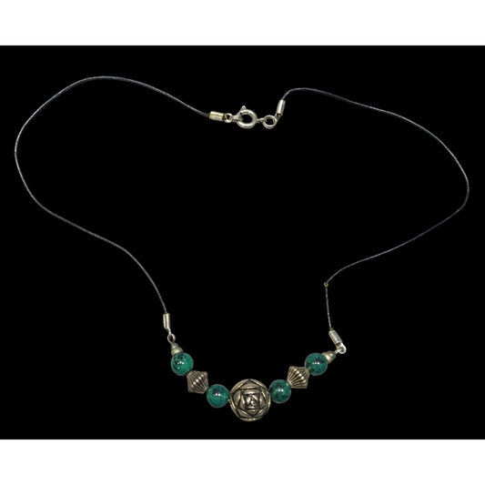Floral Green Jasper And Silver Tone Beaded Necklace