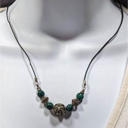 Floral Green Jasper And Silver Tone Beaded Necklace