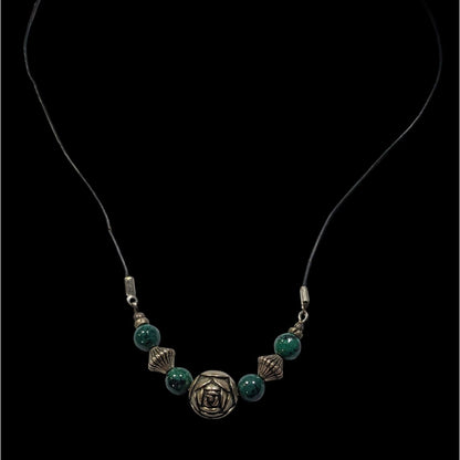 Floral Green Jasper And Silver Tone Beaded Necklace
