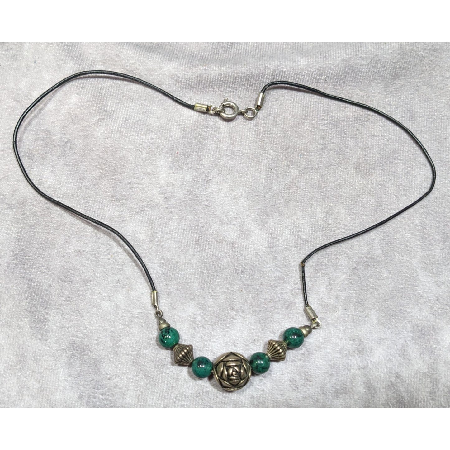 Floral Green Jasper And Silver Tone Beaded Necklace