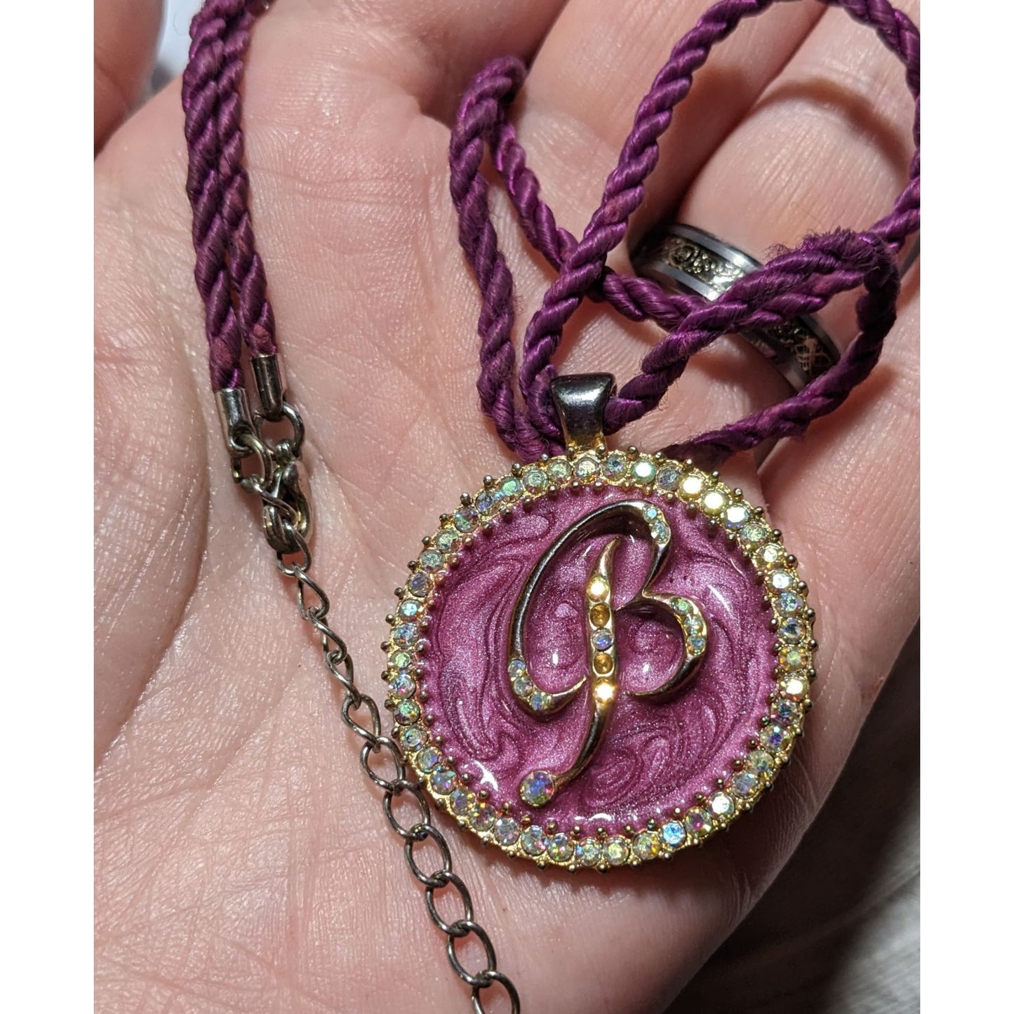 Purple Enamel Rhinestone B Medallion Necklace