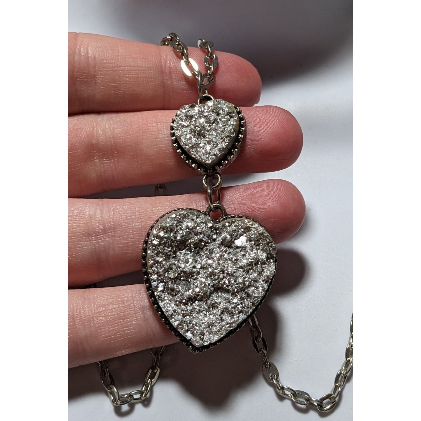 Silver Druzy Double Heart Necklace