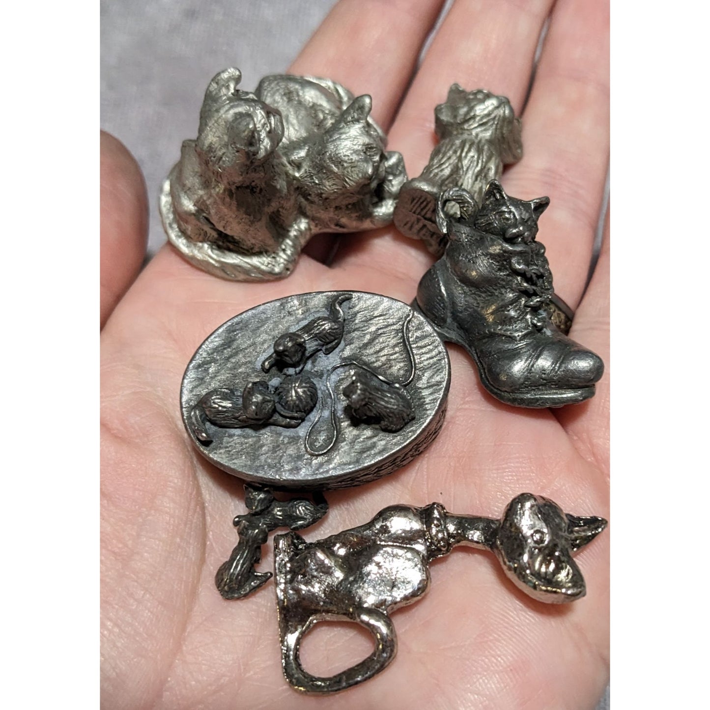 Vintage Miniature Pewter Cat Set (7)