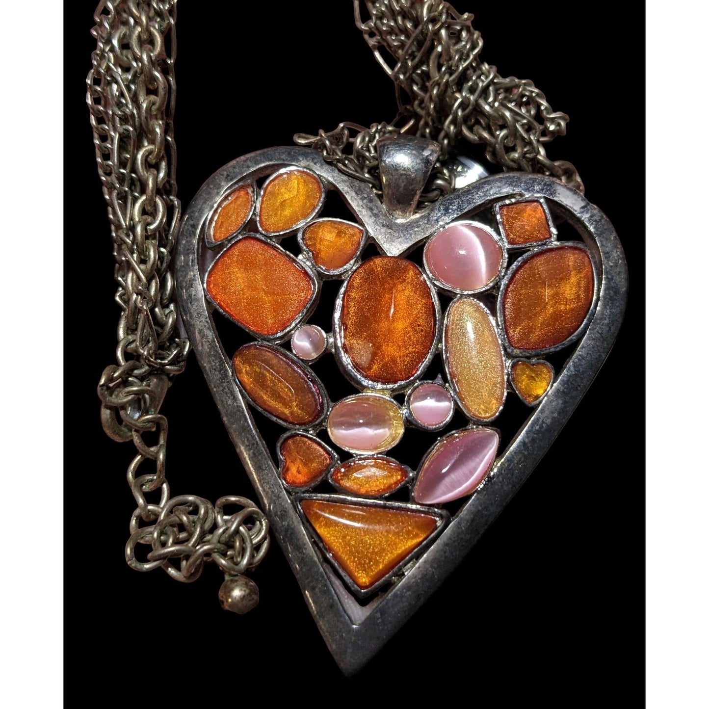 Pink And Orange Gemmed Heart Pendant Necklace