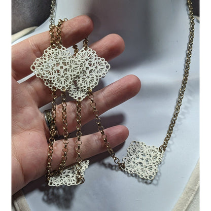 Charming Charlie White And Gold Tone Floral Filigree Station Necklace