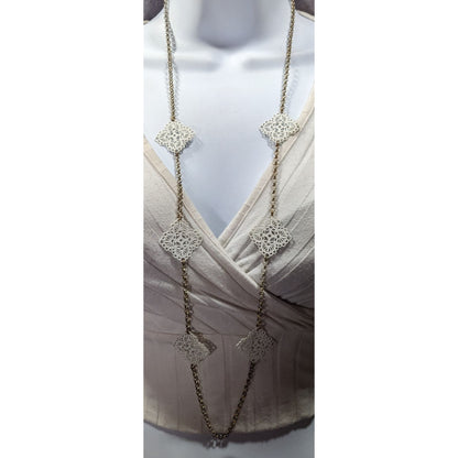 Charming Charlie White And Gold Tone Floral Filigree Station Necklace