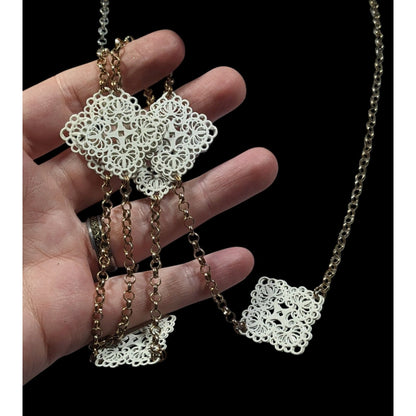 Charming Charlie White And Gold Tone Floral Filigree Station Necklace