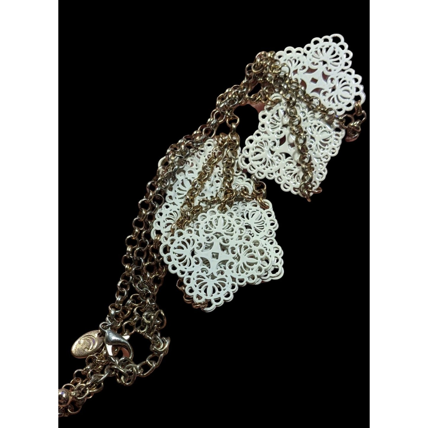 Charming Charlie White And Gold Tone Floral Filigree Station Necklace