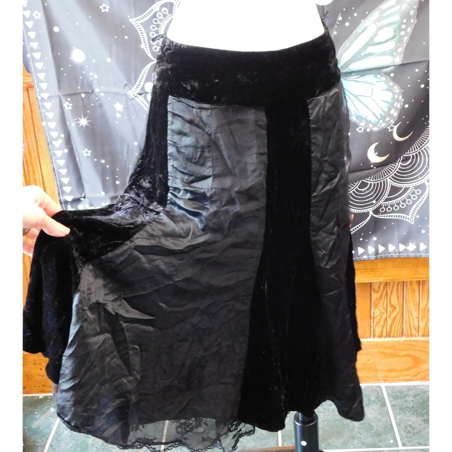 Vintage WD NY Gothic Black Silk And Velvet Striped Skirt