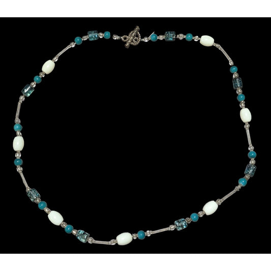 Blue And White Glass Beaded Toggle Necklace