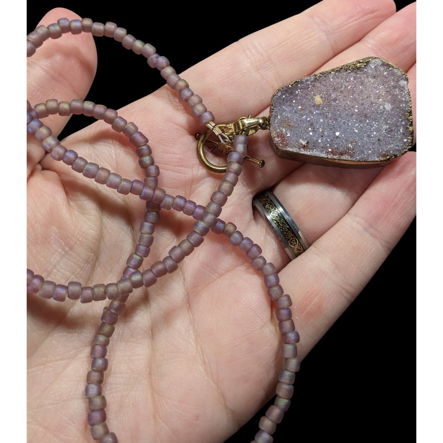 Whimsical Fairycore Purple Druzy And Frosted Glass Beaded Necklace