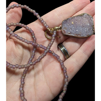 Whimsical Fairycore Purple Druzy And Frosted Glass Beaded Necklace