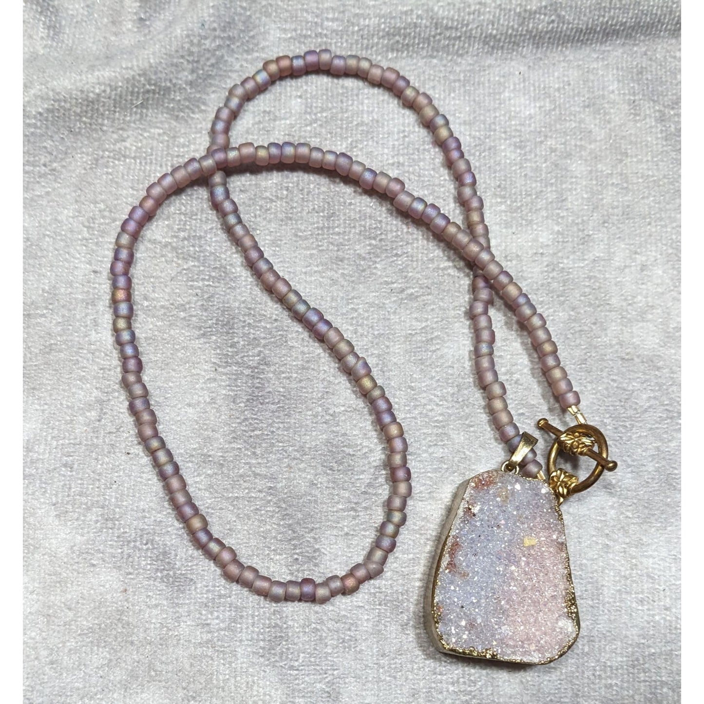 Whimsical Fairycore Purple Druzy And Frosted Glass Beaded Necklace
