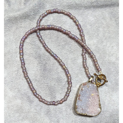 Whimsical Fairycore Purple Druzy And Frosted Glass Beaded Necklace