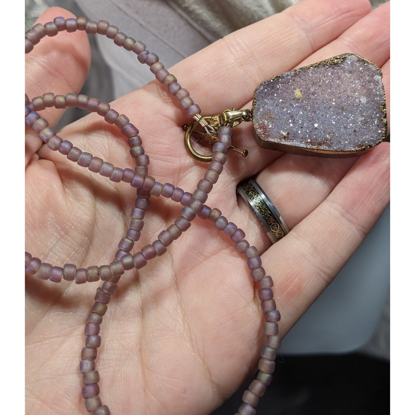 Whimsical Fairycore Purple Druzy And Frosted Glass Beaded Necklace