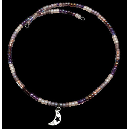 Minimalist Witchy Purple Beaded Moon Charm Coil Necklace
