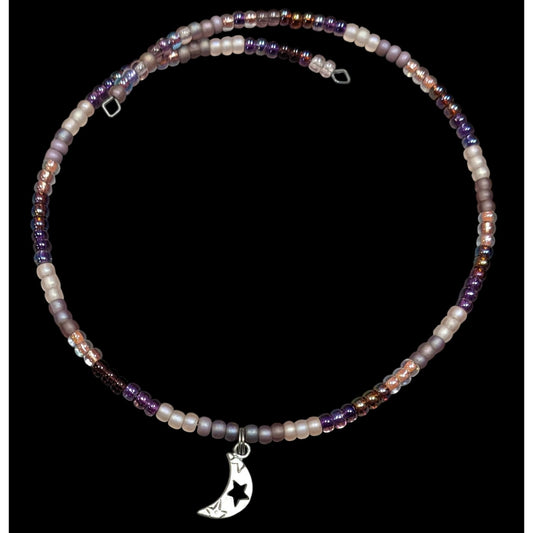 Minimalist Witchy Purple Beaded Moon Charm Coil Necklace