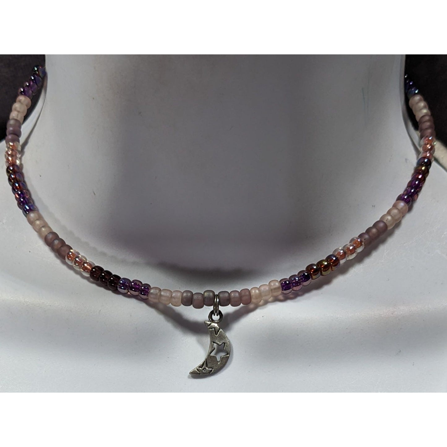 Minimalist Witchy Purple Beaded Moon Charm Coil Necklace
