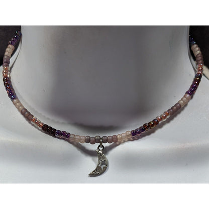 Minimalist Witchy Purple Beaded Moon Charm Coil Necklace