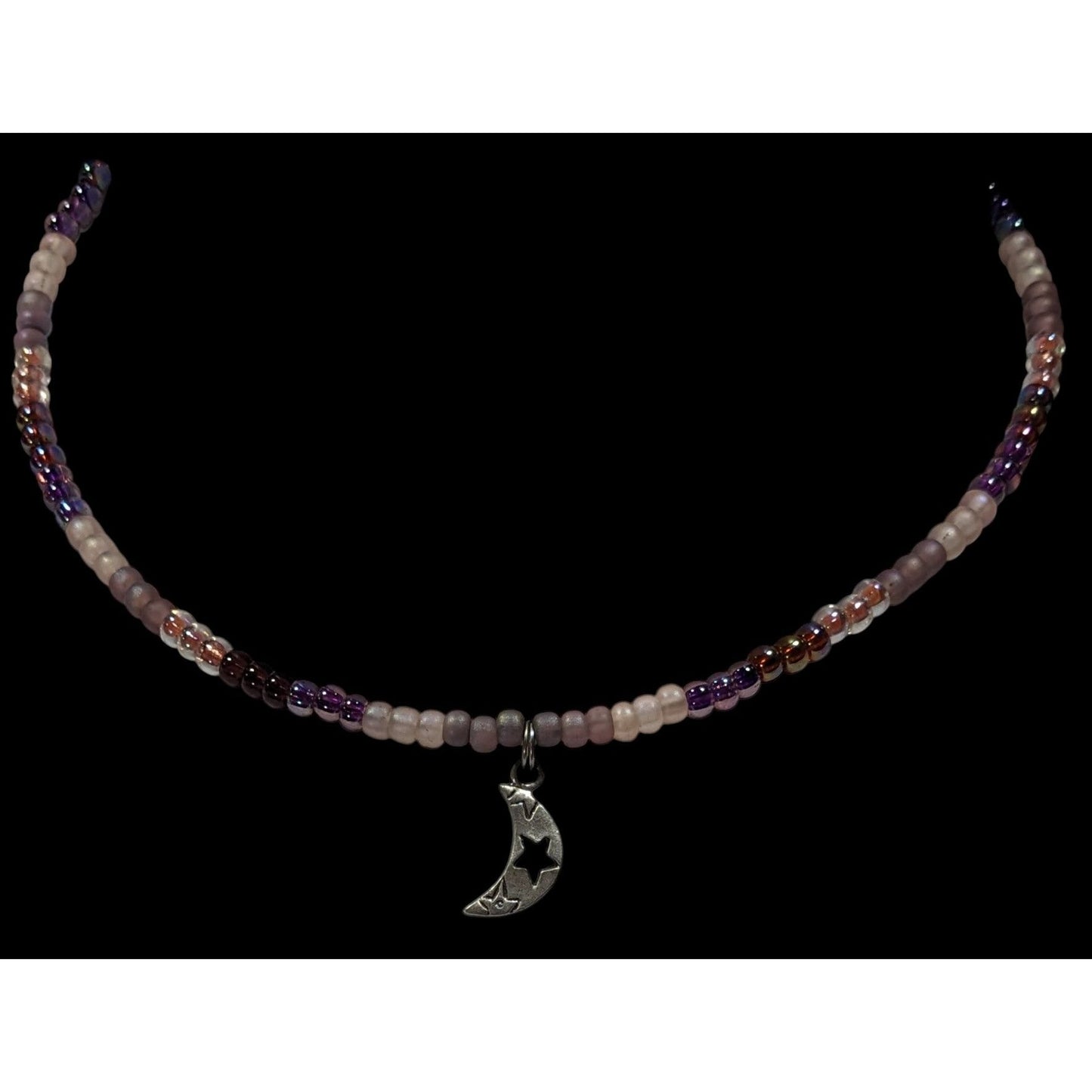 Minimalist Witchy Purple Beaded Moon Charm Coil Necklace
