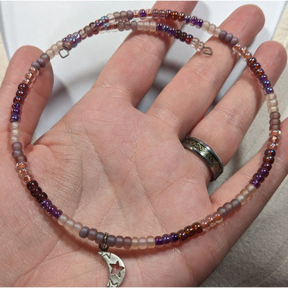 Minimalist Witchy Purple Beaded Moon Charm Coil Necklace