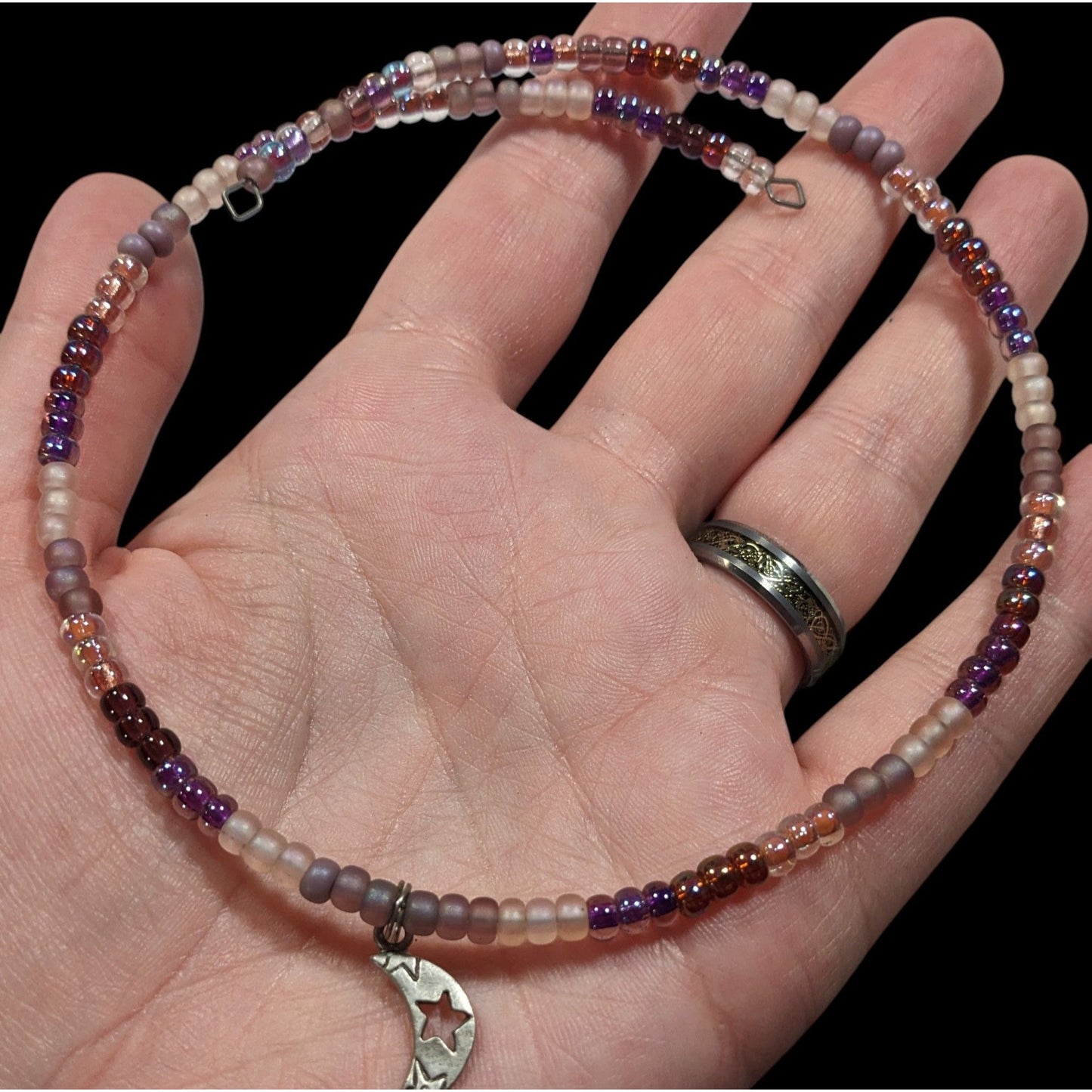 Minimalist Witchy Purple Beaded Moon Charm Coil Necklace