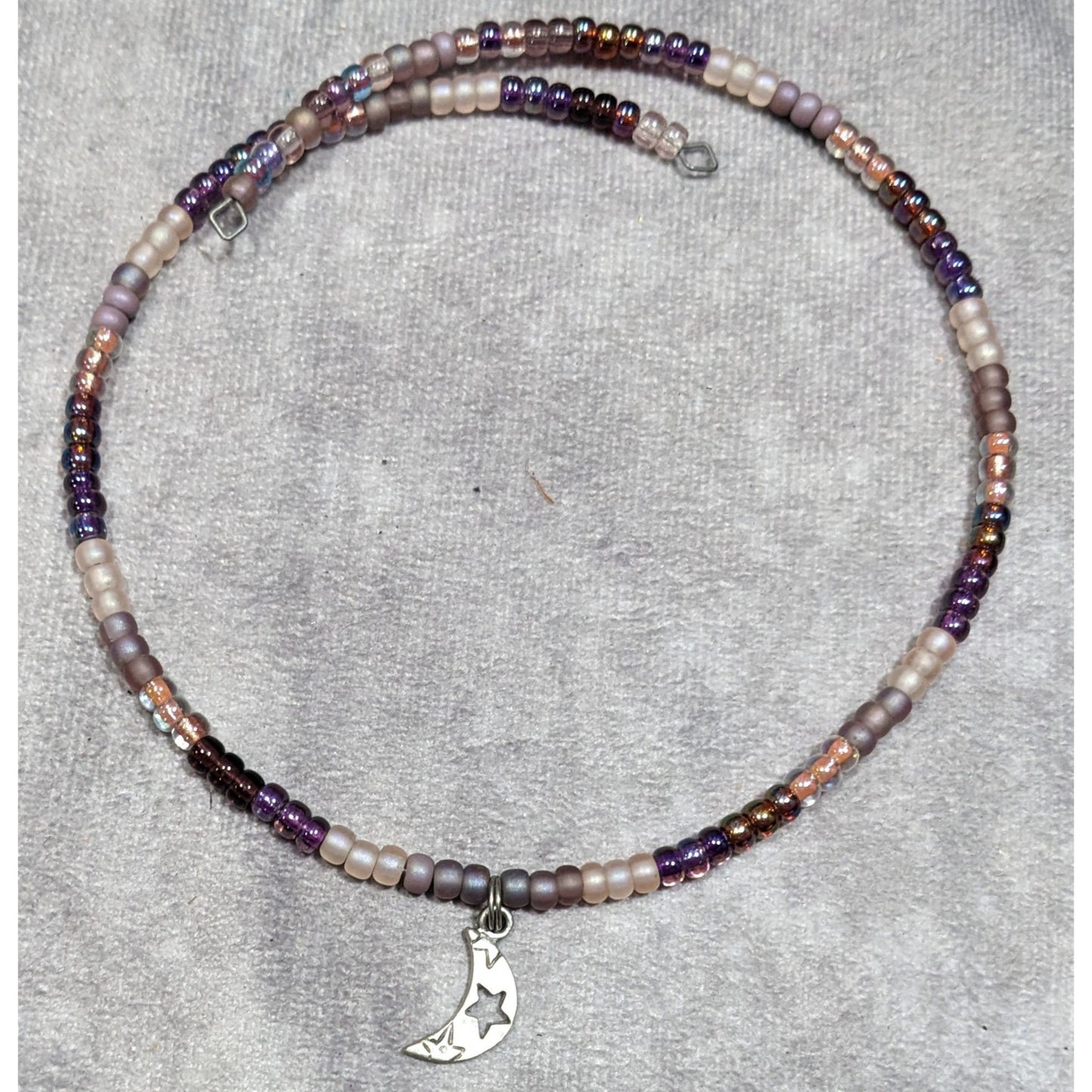 Minimalist Witchy Purple Beaded Moon Charm Coil Necklace
