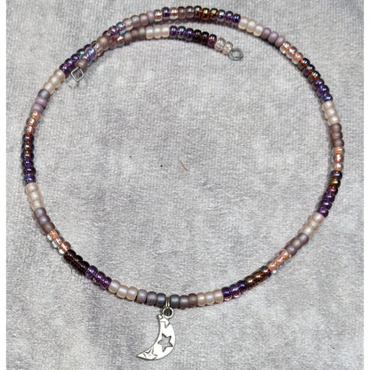 Minimalist Witchy Purple Beaded Moon Charm Coil Necklace