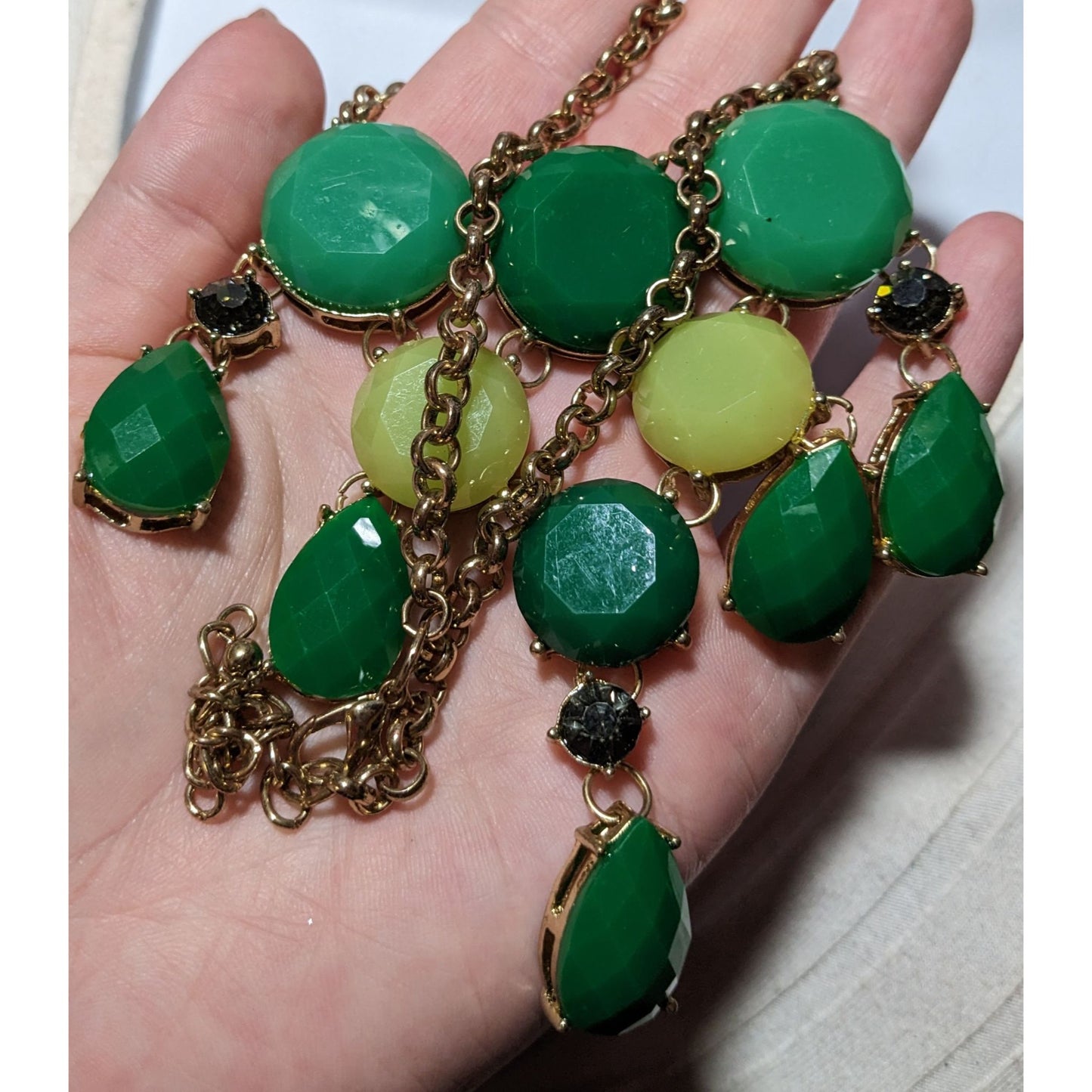 Y2K Glam Green Gemmed Fringe Statement Necklace