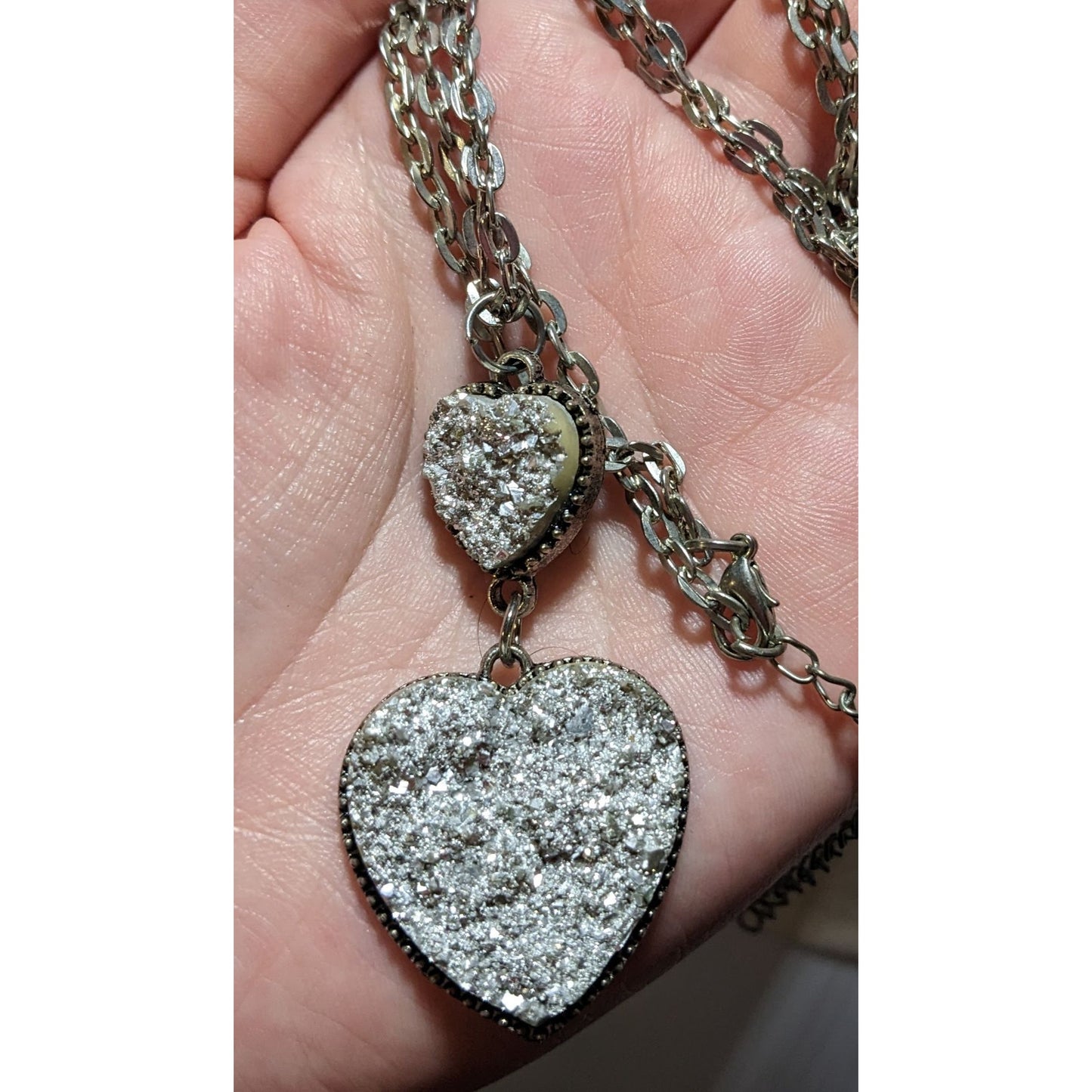 Silver Druzy Double Heart Necklace