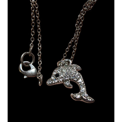 Reversible Silver Rhinestone Dolphin Necklace