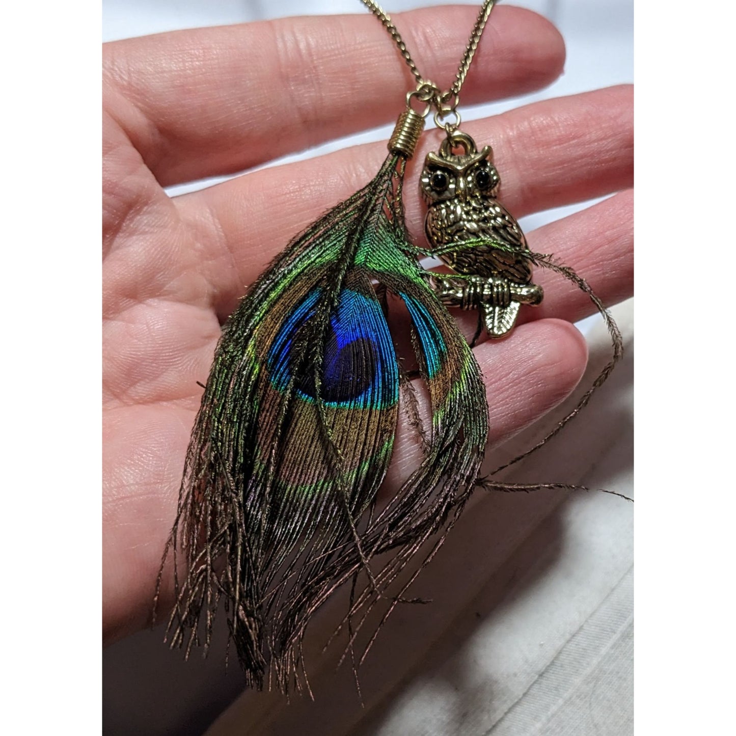 Peacock Feather Owl Charm Necklace