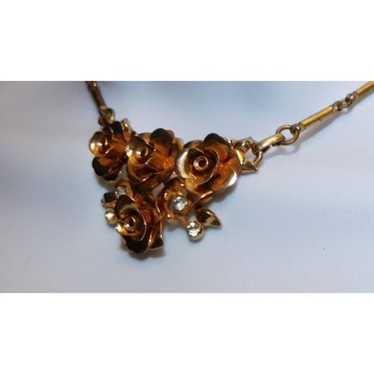 Vintage Romantic Gold Rose Rhinestone Necklace