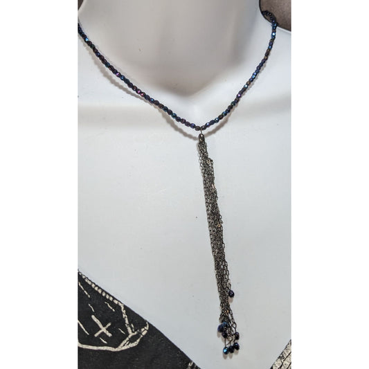 Whimsigoth Boho Iridescent Oil Slick Beaded Gunmetal Tassel Necklace 15 Inch