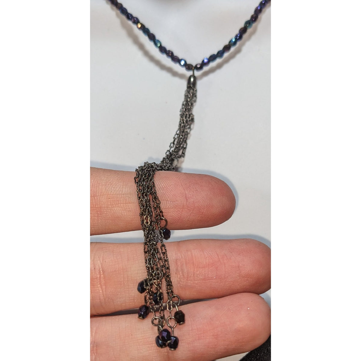 Whimsigoth Boho Iridescent Oil Slick Beaded Gunmetal Tassel Necklace 15 Inch