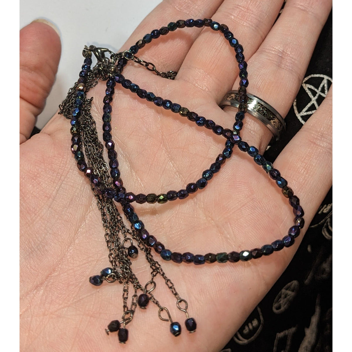 Whimsigoth Boho Iridescent Oil Slick Beaded Gunmetal Tassel Necklace 15 Inch