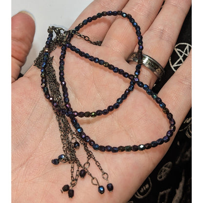 Whimsigoth Boho Iridescent Oil Slick Beaded Gunmetal Tassel Necklace 15 Inch
