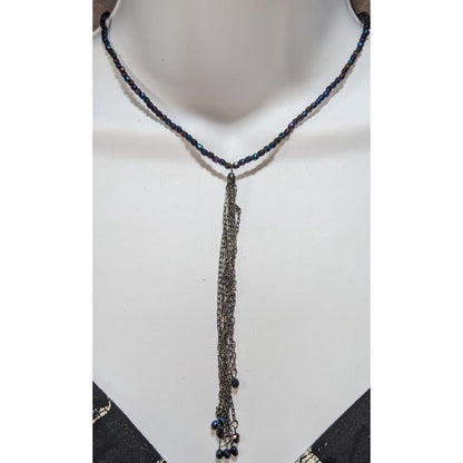 Whimsigoth Boho Iridescent Oil Slick Beaded Gunmetal Tassel Necklace 15 Inch