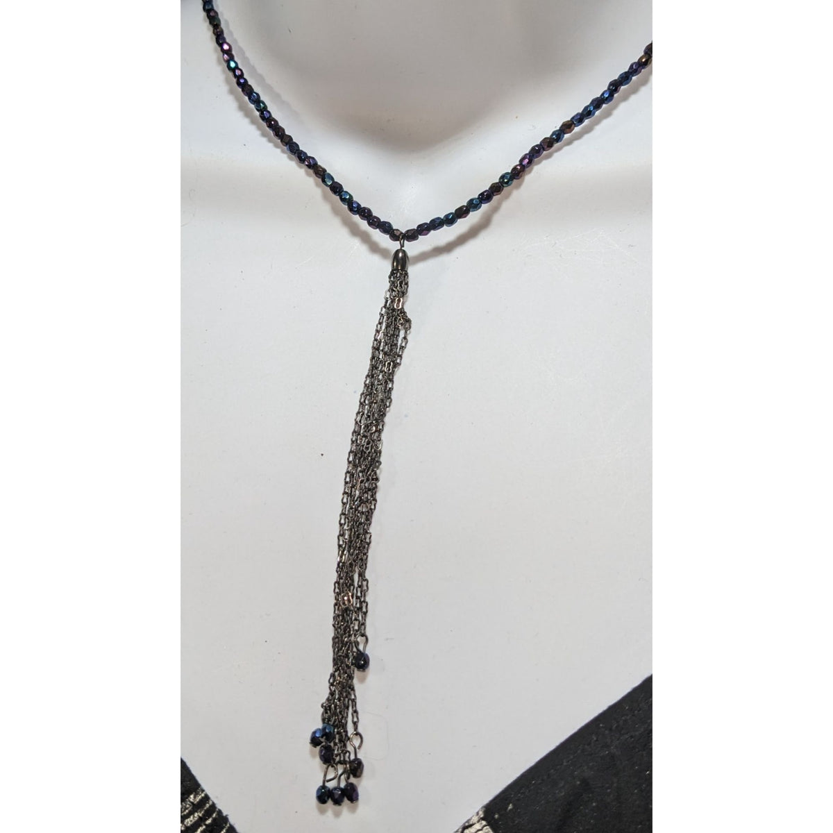 Whimsigoth Boho Iridescent Oil Slick Beaded Gunmetal Tassel Necklace 15 Inch