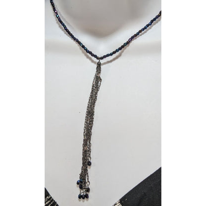 Whimsigoth Boho Iridescent Oil Slick Beaded Gunmetal Tassel Necklace 15 Inch