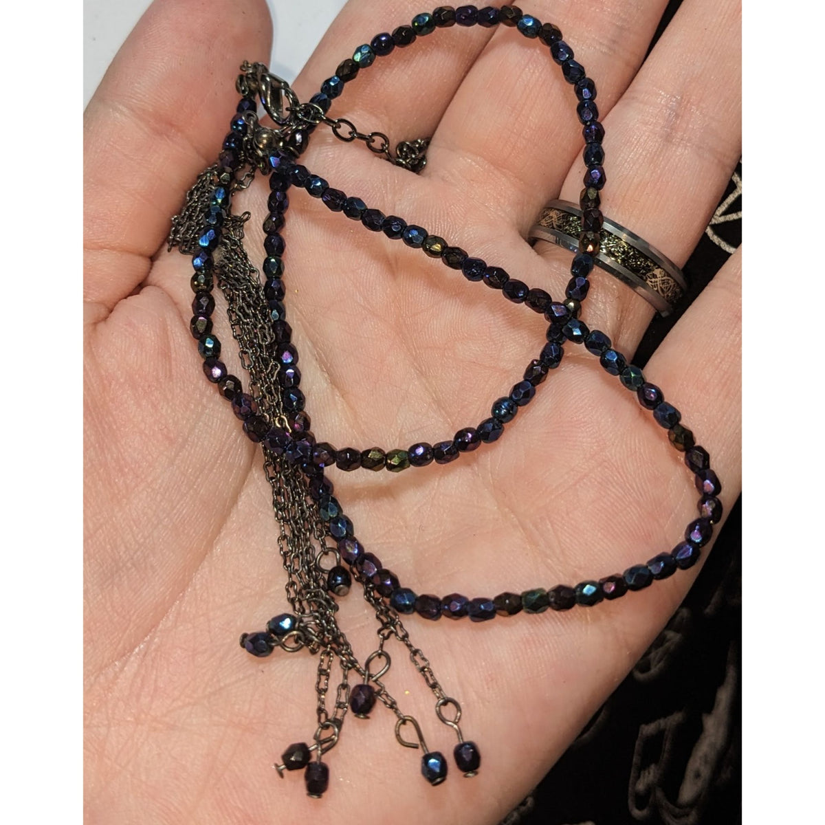Whimsigoth Boho Iridescent Oil Slick Beaded Gunmetal Tassel Necklace 15 Inch