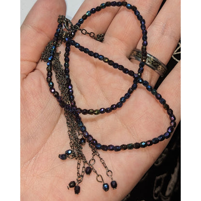 Whimsigoth Boho Iridescent Oil Slick Beaded Gunmetal Tassel Necklace 15 Inch