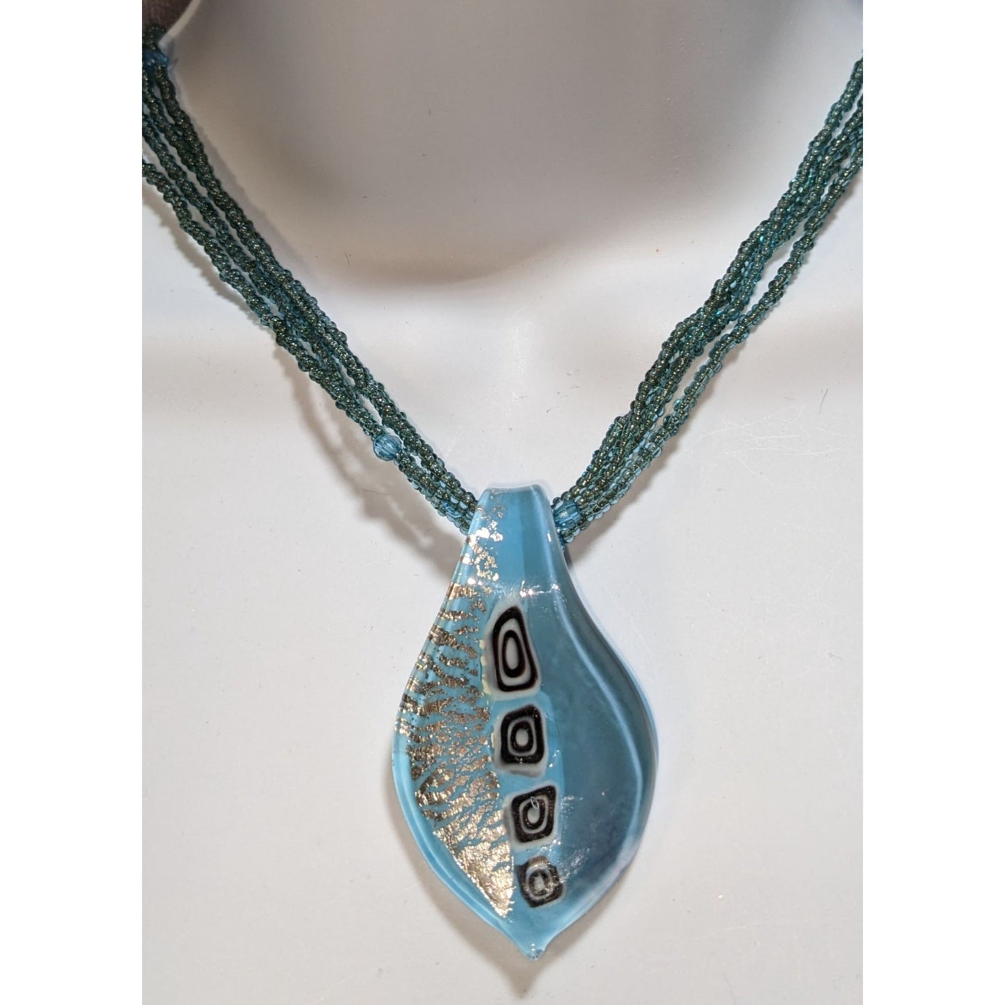 Blue Art Glass Pendant Necklace Silver Foil Multi Strand Beaded Necklace
