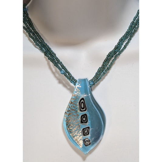 Blue Art Glass Pendant Necklace Silver Foil Multi Strand Beaded Necklace
