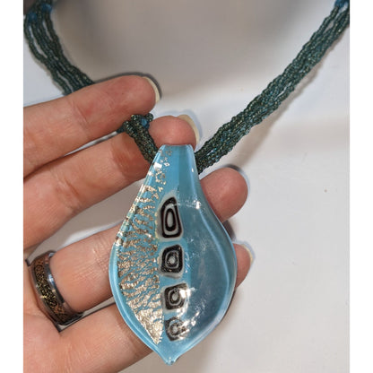 Blue Art Glass Pendant Necklace Silver Foil Multi Strand Beaded Necklace